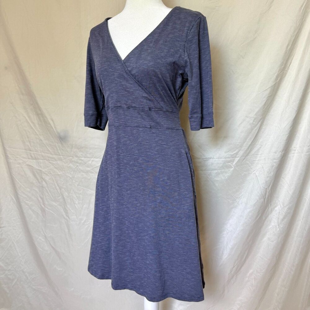 Toad&Co faux wrap dress womens M blue v-neck tie waist casual sustainable